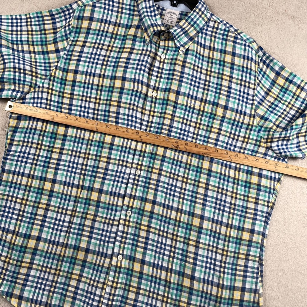 Brooks Brothers Shirt Mens 2XL Blue Plaid 100% Linen Short Sleeve Button Up - Picture 4 of 6